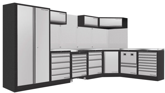 KRAFTWERK MOBILIO 7er Kombi 3964PIX – Werkstattsystem mit Hochschrank, Werkstattwagen, Eckschrank & Edelstahl-Arbeitsplatten - KW-3964PIX