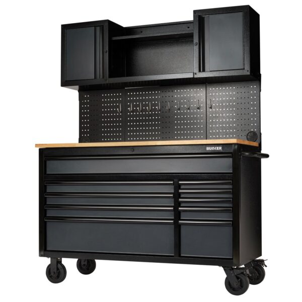 BUNKER Profi Werkbank mit Rückwand und Oberschränke 56 Zoll (142 cm) Werkbank mit Lochwand - D08242