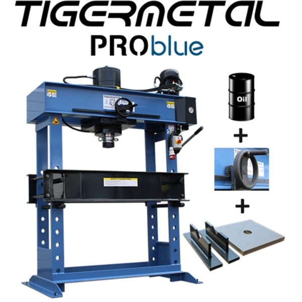 Tigermetal PROblue Set Hydraulische Werkstattpresse 60 Tonnen TMWH60K mit Handrad, Hydrauliköl, Massive Auflageplatte, 1 Paar Prismenblöcke - TM00001