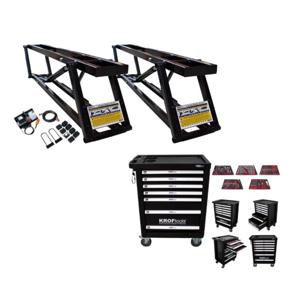 KROFtools 2500kg Set Mobile Hebebühne 90mm flach 9813 - ohne Hydrauliköl geliefert + Werkzeugwagen gefüllt, bestückt mit 160 Teile 8612 - 9813+8612