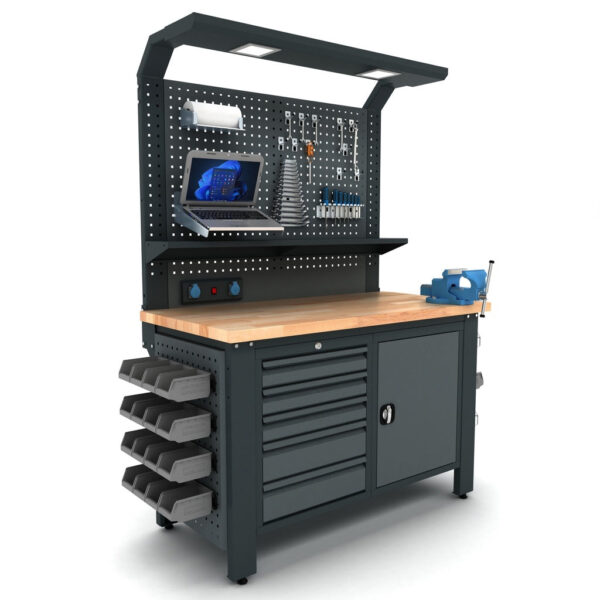 TOOLBOX4YOU Bullram 140cm Profi Werkbank mit Schubladen und Rückwand - 1400x730x2050mm – WBG01