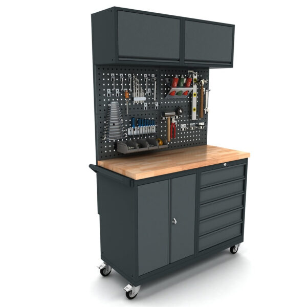 TOOLBOX4YOU Bullram Fahrbare Werkbank mit Rückwand und Hängeschränken Türen - 5 Schubladen, 124 cm lang, 55tief Modell – WBG124M03