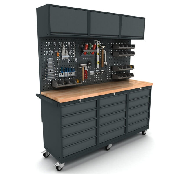 TOOLBOX4YOU Bullram Mobile Werkbank fahrbar 3 x 5 Schubladenschrank inkl. Werkzeugwand und Oberschrank, 186cm – WBG186M06