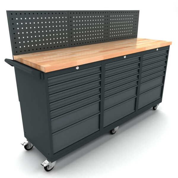 TOOLBOX4YOU Bullram Werkbank mit Lochwand fahrbar 3x 7 Schubladenschrank 186cm – WBG186M08