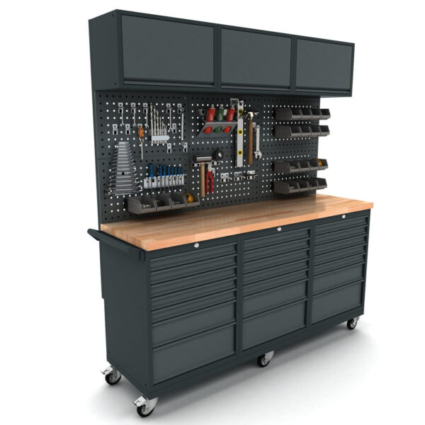 TOOLBOX4YOU Bullram Werkbank mit Rückwand fahrbar 3x 7 Schubladenschrank und Oberschrank, 186cm – WBG186M09
