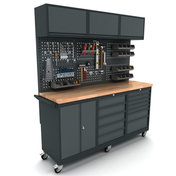TOOLBOX4YOU Bullram Profi mobile Werkbank Schubladenschrank inkl. Rückwand und Oberschränke 186cm lang, 55cm tief – WBG186M15