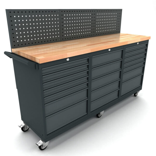 TOOLBOX4YOU Bullram Profi Mobile Werkbank auf Rollen mit Rückwand, 2x 7 und 1x 5 Schubladenschrank, 186cm – WBG186M20