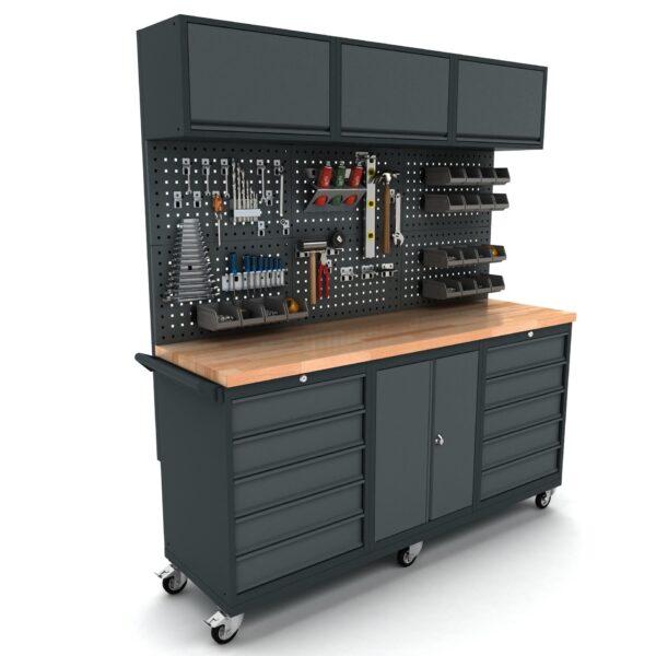TOOLBOX4YOU Bullram Profi Mobile Werkbank – 2x5 Schubladen, inkl. Rückwand und Oberschränke, 186 cm Länge, 55tiefe Modell – WBG186M27
