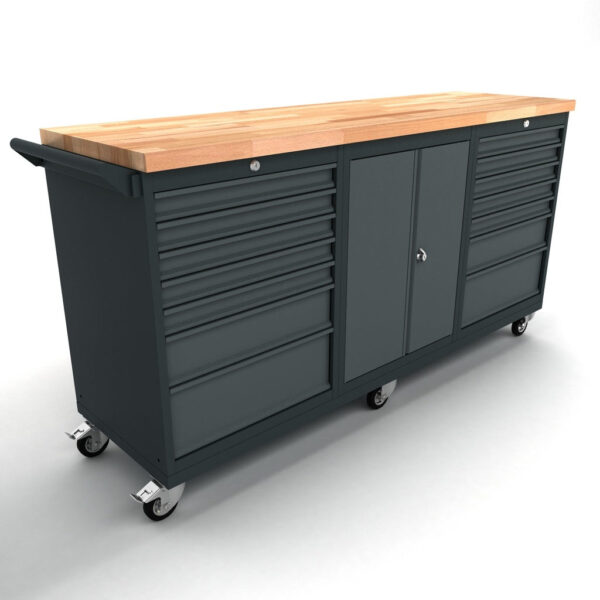 TOOLBOX4YOU Bullram 186cm Mobile Profi Werkbank fahrbar 2x 7 Schubladenschrank, 1x Türenschrank, auf Rollen – WBG186M28
