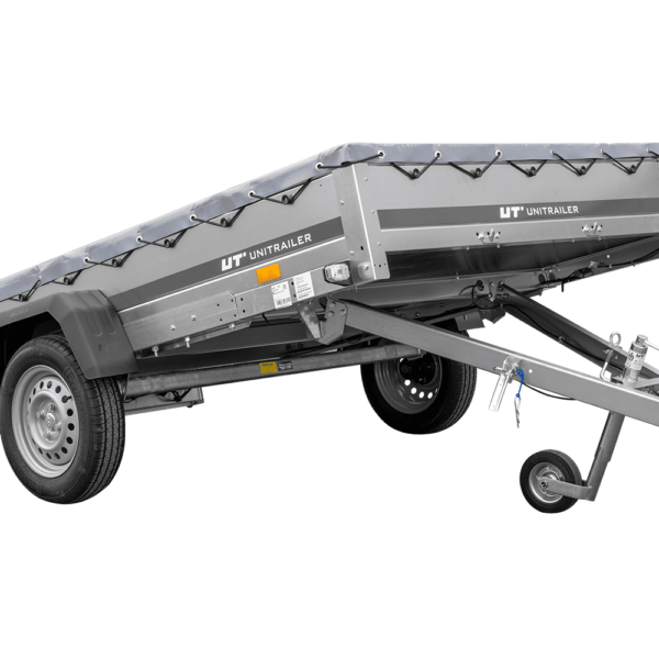 PKW Anhänger 264×150 UNITRAILER GARDEN 265 KIPP mit Flachplanenträger und grauer Plane