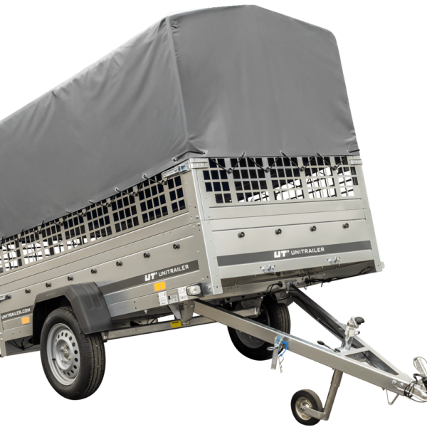 Planenanhänger 230×125 Garden Trailer 230 KIPP mit Laubgitteraufsatz, grauer Hochplane, Hochspriegel und Stützrad
