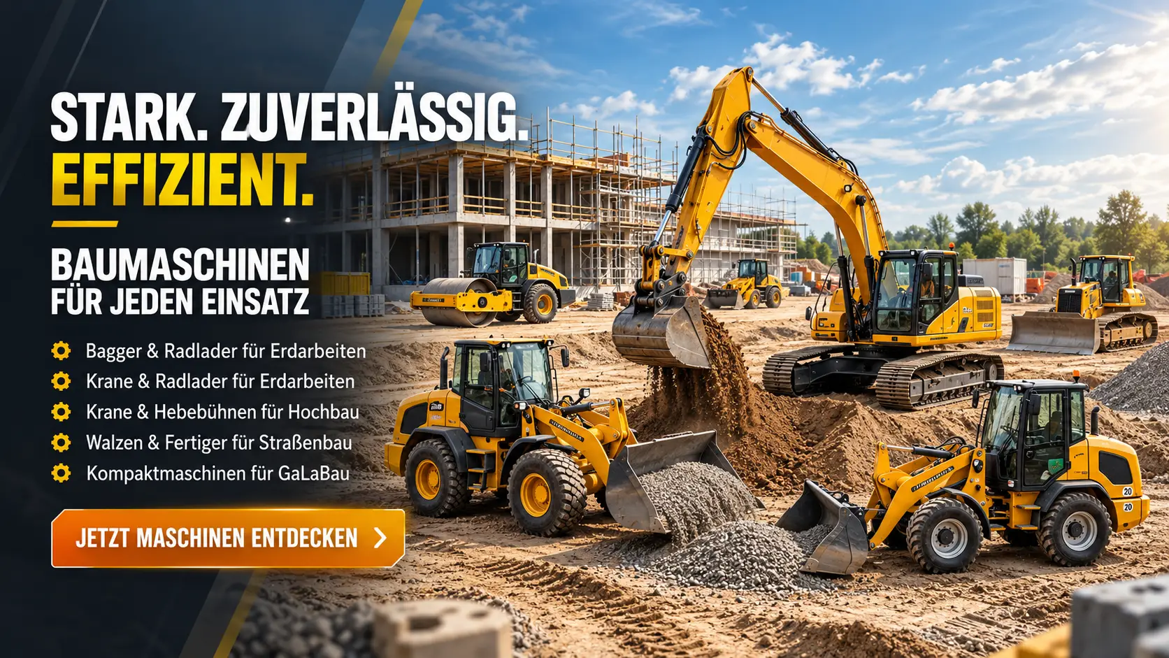 Baumaschinen, Anhänger und Stapler Übersicht